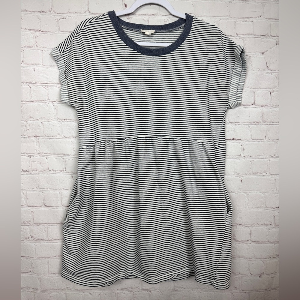 Hem & Thread blue white striped short sleeve tunic babydoll top pockets, sz‎ M